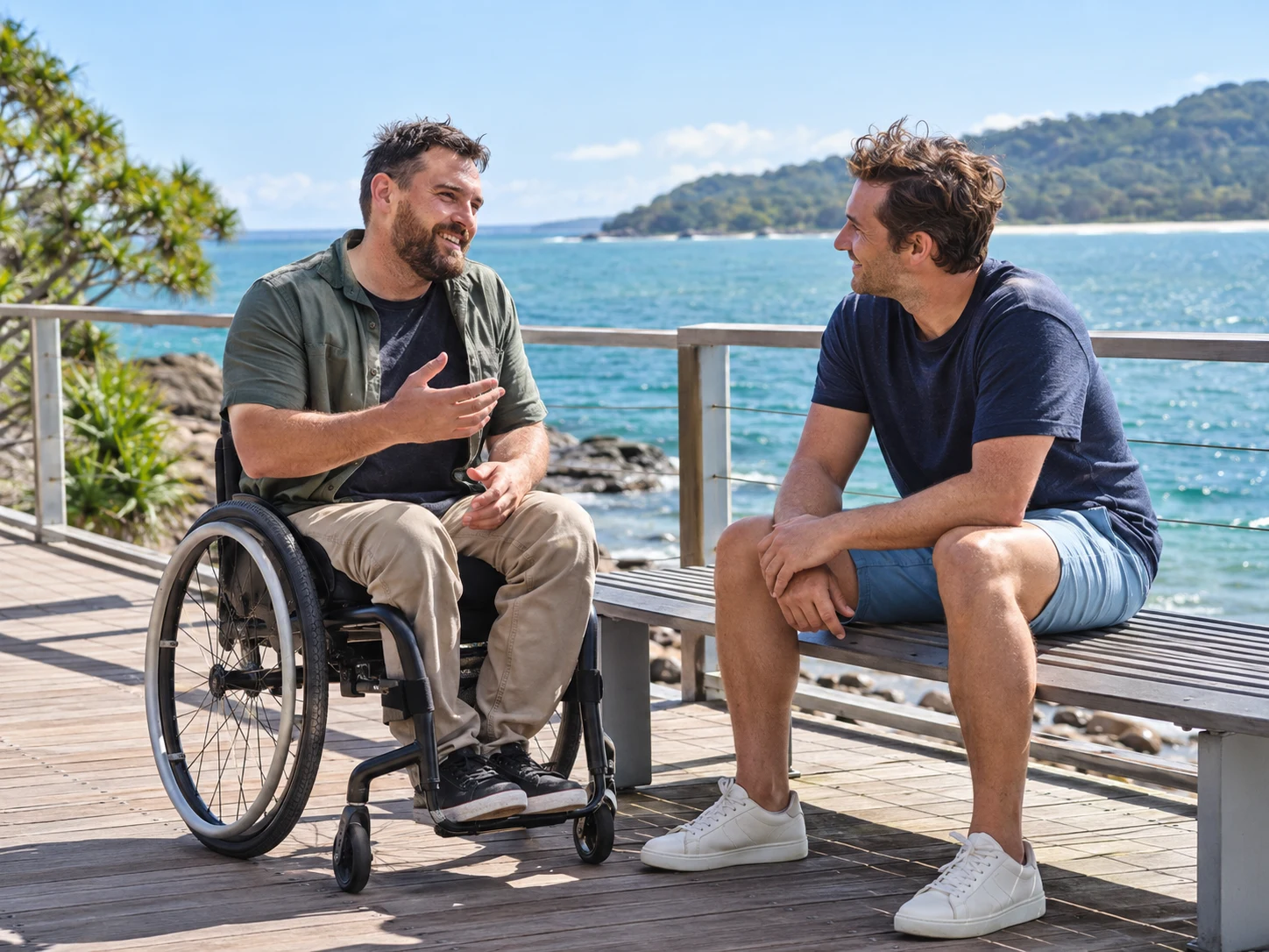 Illustrative scene of two men connecting on an accessible waterfront boardwalk; not Carevelle clients.